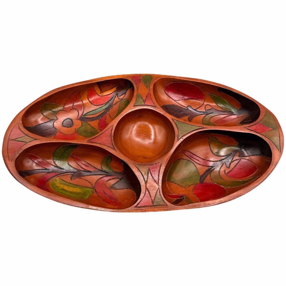Vintage Hand-Carved Wood Hand-Painted Haitian Oval Divided Serving / Snack Bowl